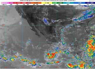 Cielo medio nublado por la mañana y nublado durante la tarde con lluvias puntuales fuertes en Michoacán (25 a 50 mm)
