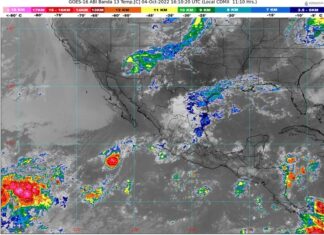 Cielo nublado durante el día con lluvias puntuales muy fuertes en Nayarit, Jalisco, Colima y Michoacán