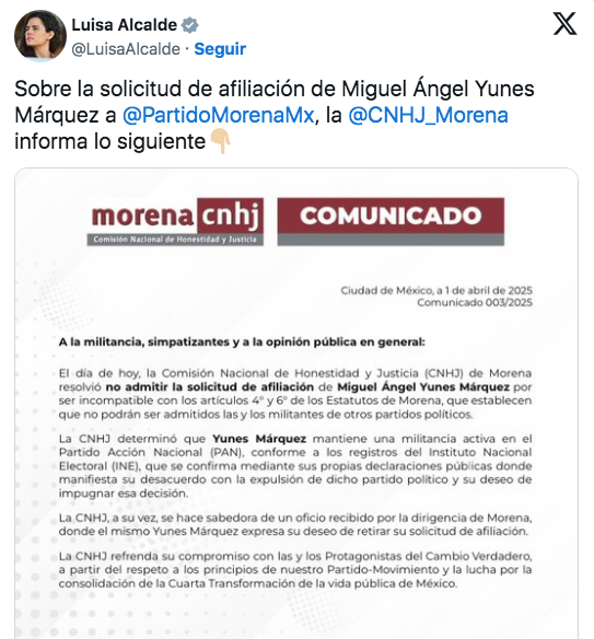 Morena no admitió la solicitud de afiliación de Miguel Ángel Yunes Márquez