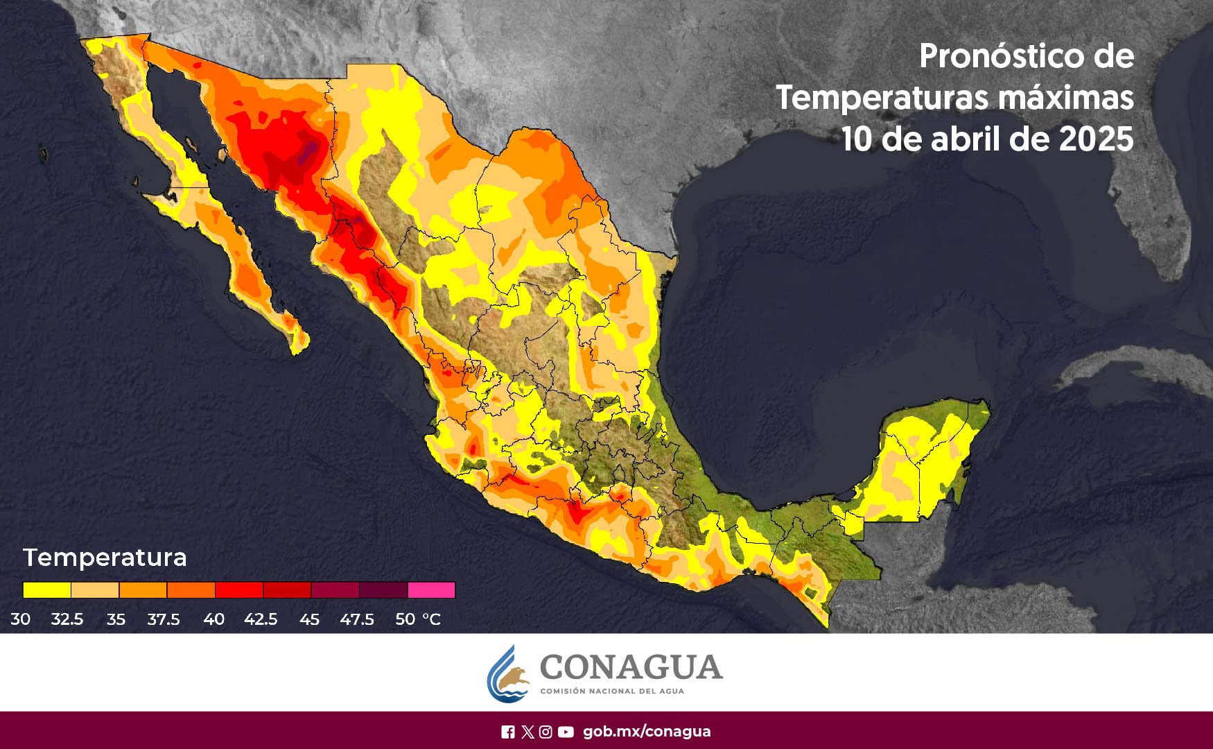 Caluroso a muy caluroso durante la tarde. Viento del oeste y noroeste de 10 a 20 km/h con rachas de 30 a 50 km/h y posibles tolvaneras en la región. Además de oleaje 1 a 3 metros de altura en costas de Michoacán