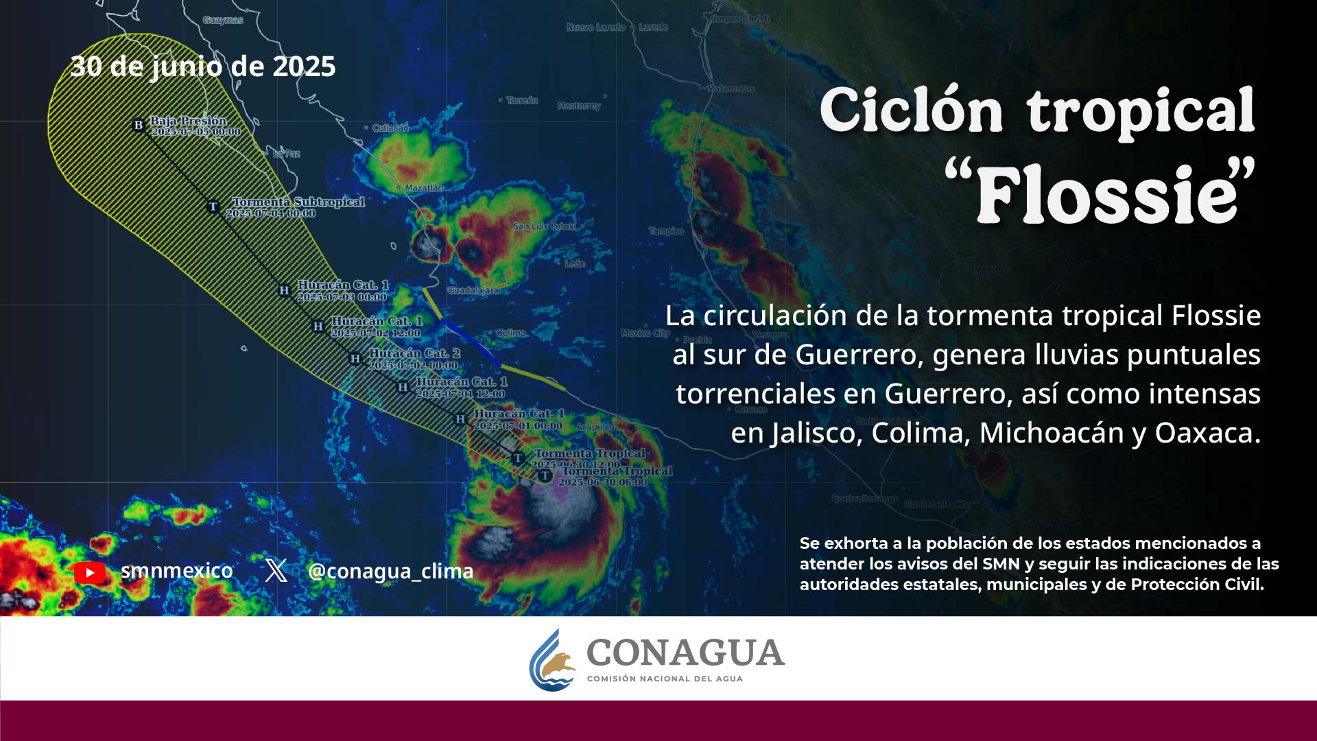 Durante la tarde, ambiente cálido a caluroso; cielo nublado con lluvias puntuales intensas en sur y costas de Michoacán (75 a 150 mm). Se pronostica que Flossie se intensifique a huracán de categoría 1 al final del día frente a las costas de Michoacán