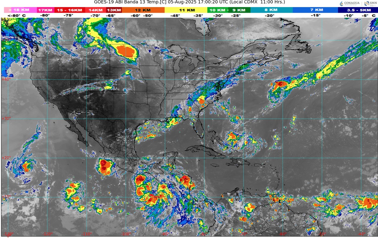 Chubascos con lluvias puntuales fuertes (25 a 50 mm): Jalisco, Colima, Michoacán, Guerrero, Yucatán y Quintana Roo