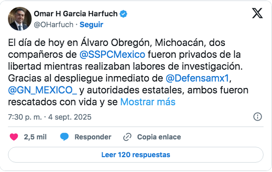 Rescatan a 2 elementos de la SSPC secuestrados en Michoacán