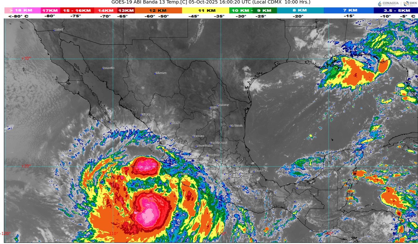 Este domingo lluvias puntuales torrenciales en Michoacán en costa y oeste (150 a 250 mm) ); además de viento de 50 a 60 km/h con rachas de 70 a 90 km/h y oleaje de 4.0 a 5.0 metros de altura