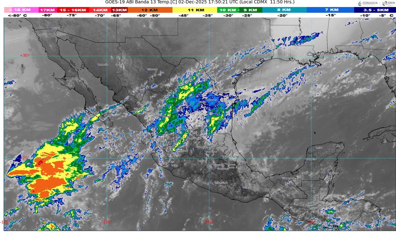 Temperaturas mínimas de 0 a 5 °C: zonas serranas de Coahuila, Nuevo León, San Luis Potosí, Aguascalientes, Jalisco, Michoacán, Guanajuato y Querétaro
