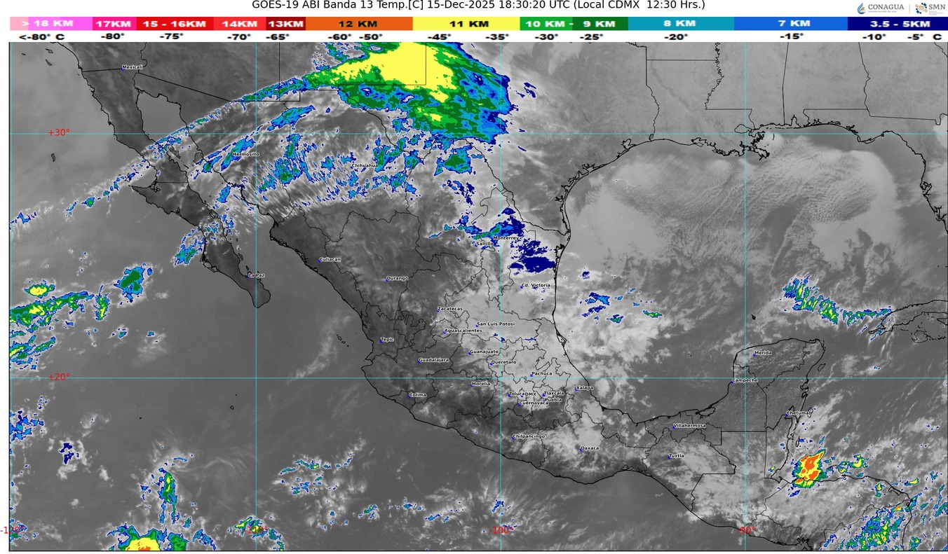 Temperaturas mínimas de 0 a 5 °C: Zonas altas de Nuevo León, Aguascalientes, San Luis Potosí, Jalisco, Michoacán, Guanajuato, Hidalgo, Veracruz y Oaxaca