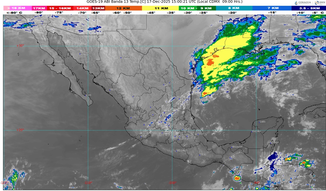 En el transcurso del día, cielo medio nublado a nublado con chubascos y posibles descargas eléctricas en Michoacán. Temperaturas mínimas de 0 a 5 °C: zonas altas